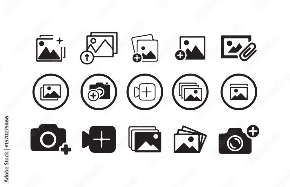 Poster add photos line icon in art style vector, camera with add icon, photo upload icon with plus sign, ve