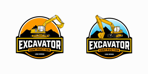 excavator Logo designs with mountain template, heavy equipment construction - earth mover logo vector © Mugini