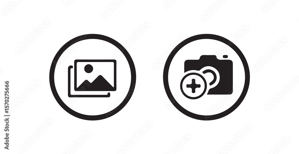 Poster add photo icon, flat, camera icon with plus, add picture button, image upload icon with plus sign, v