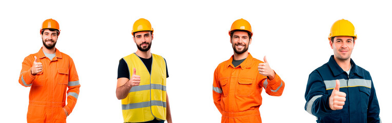 Group of smiling construction workers giving thumbs up for safety and teamwork promotion on transparent background, PNG	