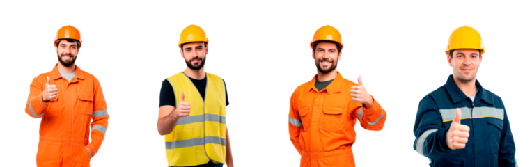 Group of smiling construction workers giving thumbs up for safety and teamwork promotion on transparent background, PNG	
