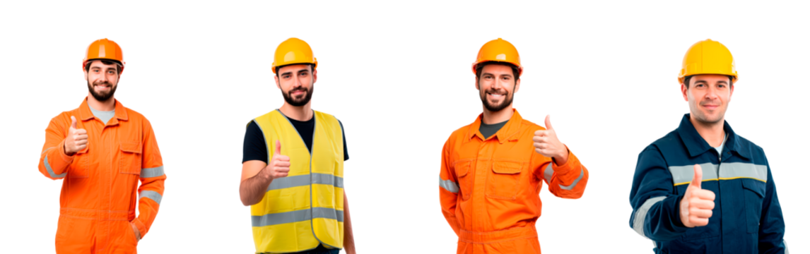 Group of smiling construction workers giving thumbs up for safety and teamwork promotion on transparent background, PNG	