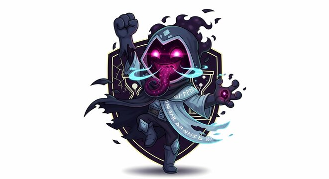 A triumphant, dark-robed chibi mage character unleashes mystical energy, posing victoriously within a stylized emblem.