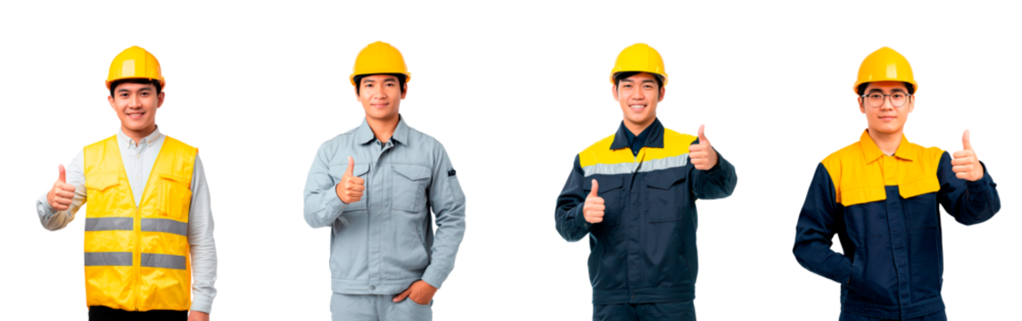 Group of construction workers in safety gear giving thumbs up on transparent background, PNG - Powered by Adobe