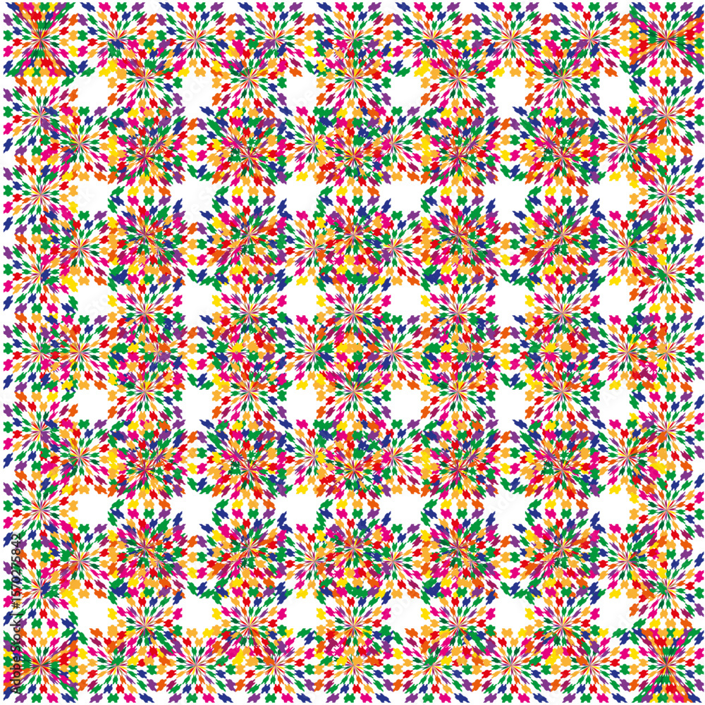 Poster color pixel mosaic. square tile vector. grid cross sparkle. white backdrop pattern.