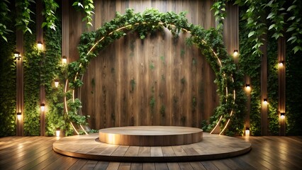 Enchanting circular stage with greenery and warm lighting