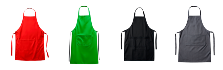 Colorful kitchen aprons in red green black and gray on transparent background, PNG	