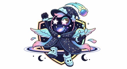 A whimsical cartoon character dressed as a celestial wizard, smiling and floating.
