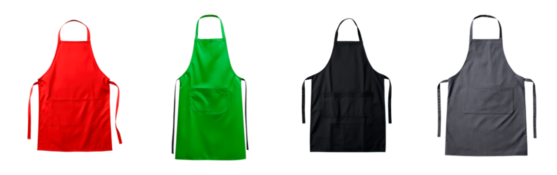Colorful kitchen aprons in red green black and gray on transparent background, PNG	