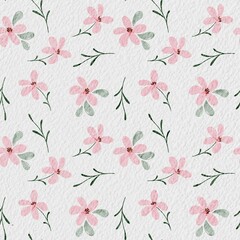 Seamless Watercolor Floral Pattern with Pink Daisies and Green Leaves on White Background