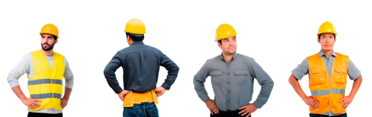 Diverse construction workers in safety gear on transparent background, PNG	