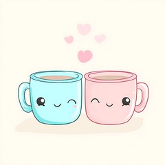 Two kawaii coffee mugs, light blue and pink, with hearts floating above them.