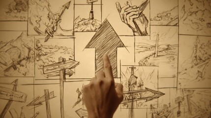 Hand pointing to a directional sketch on a wall.