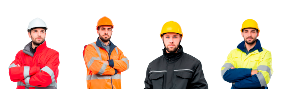 Group of construction workers in safety gear on transparent background, PNG	 - Powered by Adobe