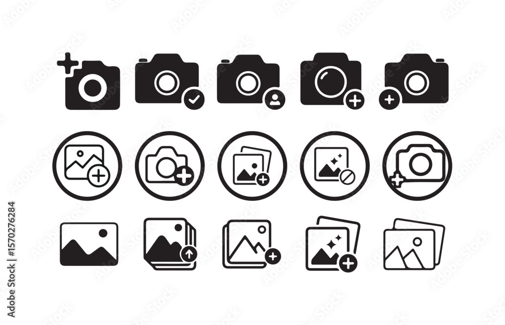 Aufkleber add photo icon, camera with add icon, solid vector style, image button with plus sign, vector illust