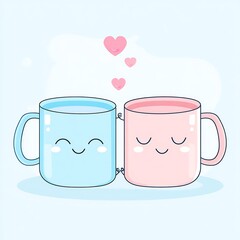 Two adorable mugs holding hands with hearts floating around them.