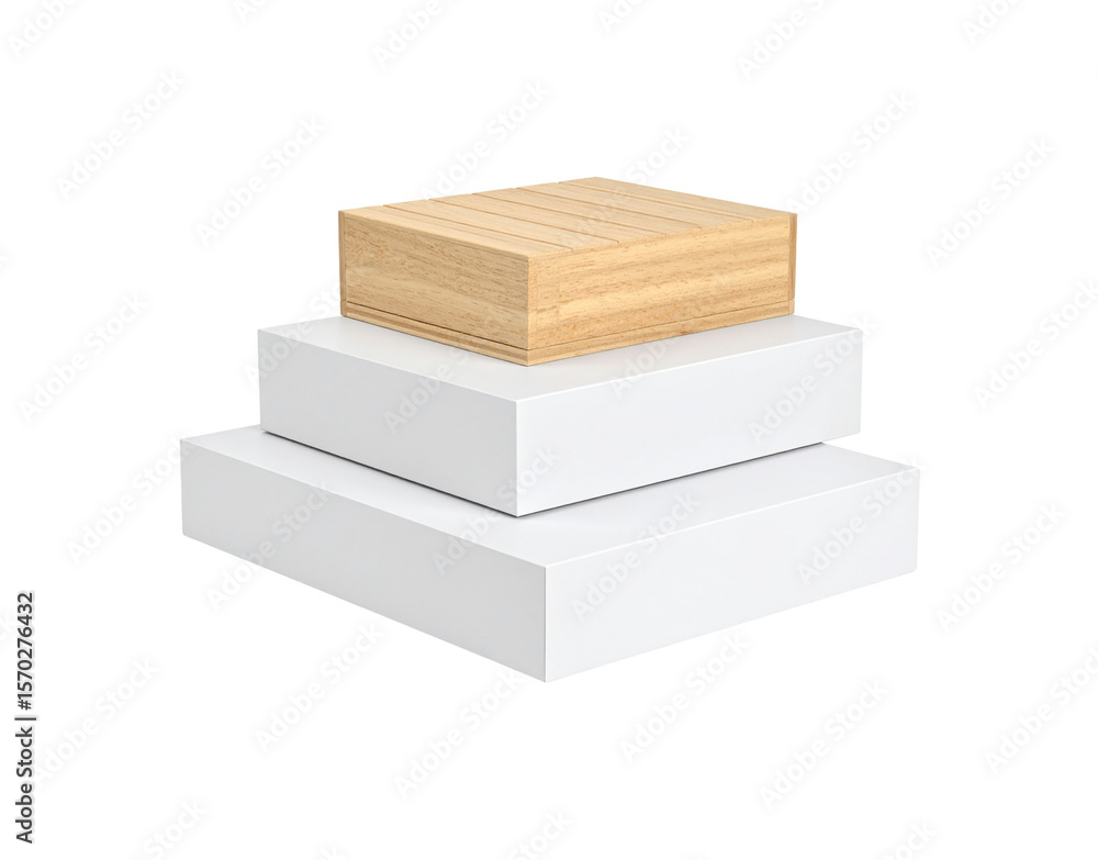 Poster stacked display wooden box on two white rectangular platforms.
