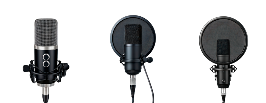 Professional microphones for recording and podcasting with pop filters on transparent background, PNG	