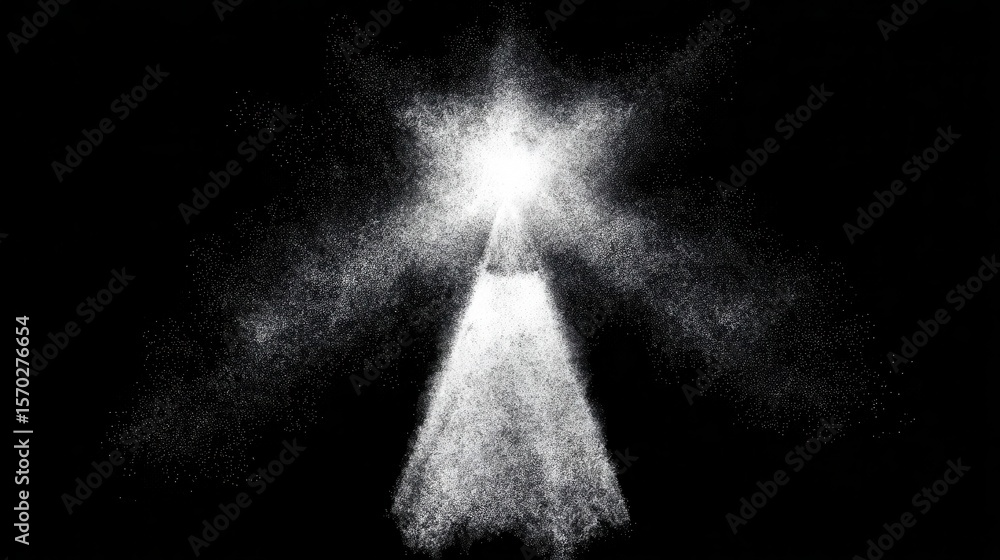 Poster abstract design of particles radiating outward from a central point.