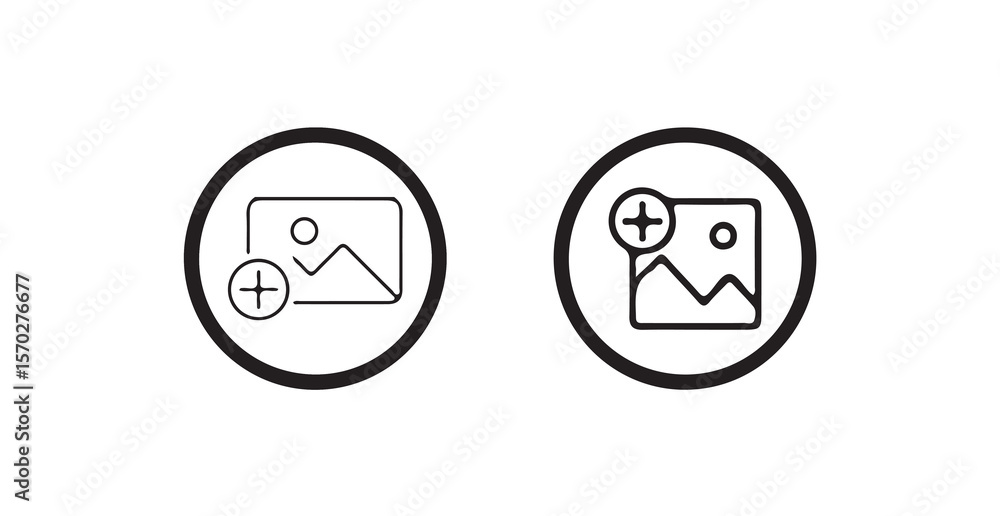 Poster add image icon in circle style, outline design, photo upload icon with plus sign, line art circle, v