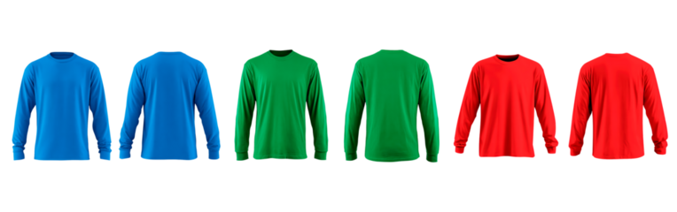 Colorful long sleeve shirt collection featuring blue green and red garments on transparent background, PNG	