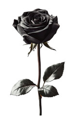 A Single Black Rose With Green Leaves Isolated On A Transparent Background The Rose Is In Full Bloom And Its Petals Are Soft And Velvety