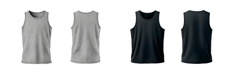 Black and gray sleeveless tank tops on display for fashion design and apparel mockup on transparent background, PNG	