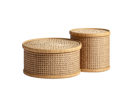 Two Woven Rattan Storage Baskets with Lids Cylindrical and Round Shape.