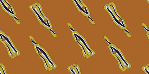 Seamless yellow Nudibranchs pattern on orange background. Vector illustration. Sea animals, underwater  wild life. Childish clothes design. Baby educate. 