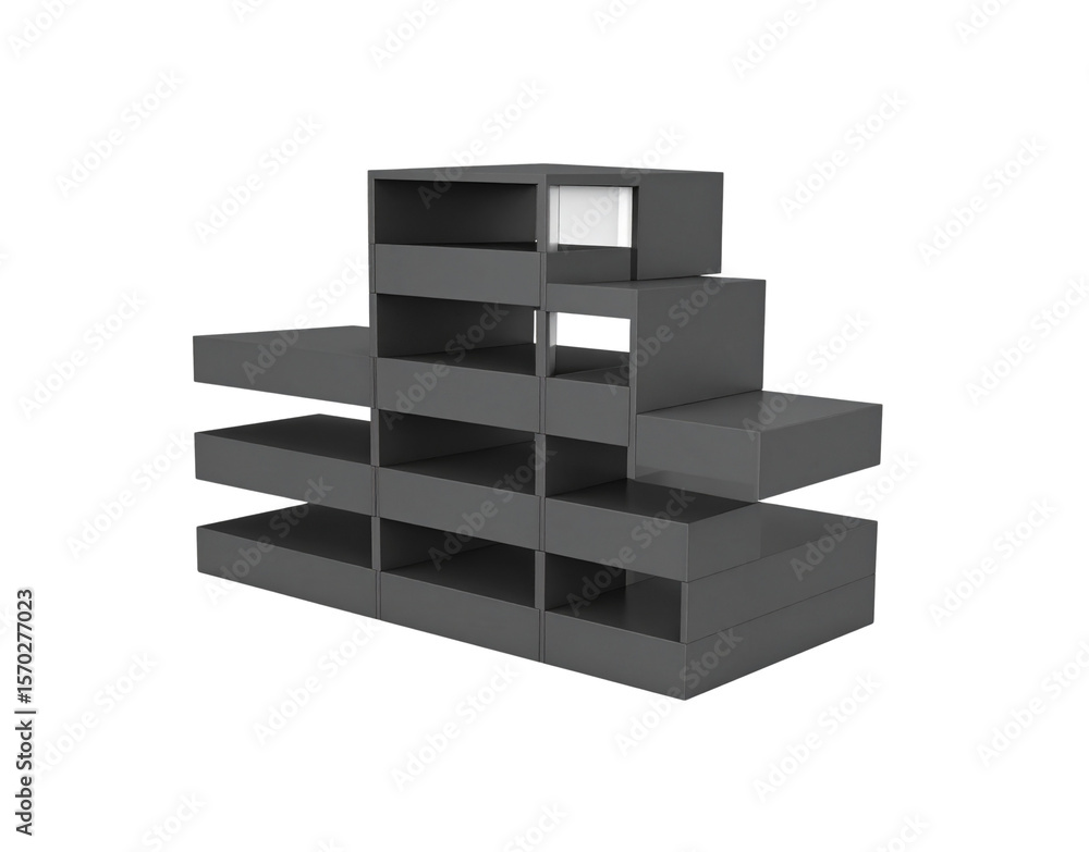 Poster modern gray modular shelving unit with cubes and rectangular sections.