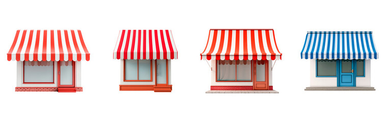Colorful shop facades with striped awnings on transparent background, PNG	