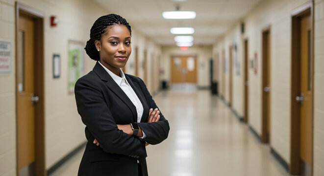 Confident Black Female Principal Standing In School Hallway With Arms Crossed