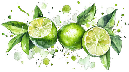 Watercolor Illustration Of Limes With Green Leaves And Watercolor Splashes Isolated On Transparent Background