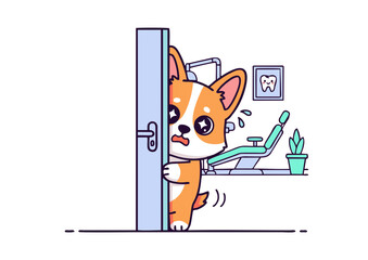 Obraz premium Anxious Corgi Dog Peeking from Behind a Door in a Dentist Office.