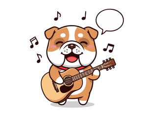 Happy Bulldog Puppy Playing Acoustic Guitar Cartoon Illustration.