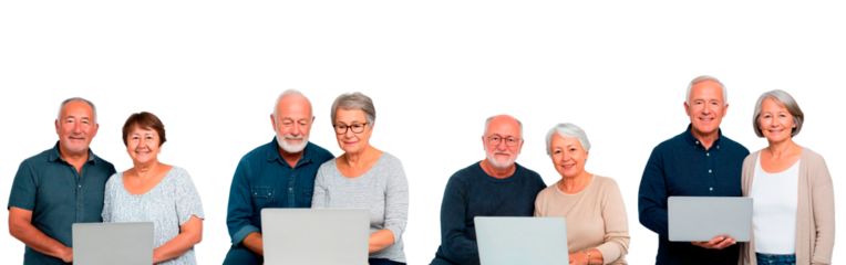 Seniors engaging with technology and laptops in a connected community setting on transparent background, PNG	
