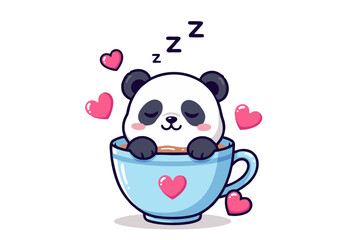 Naklejka premium Cute Panda Sleeping in a Cup with Love Hearts.