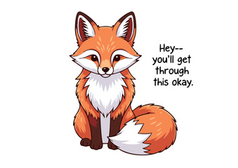 Obraz premium Cartoon Fox Sitting with Encouraging Message Orange and White Fur.