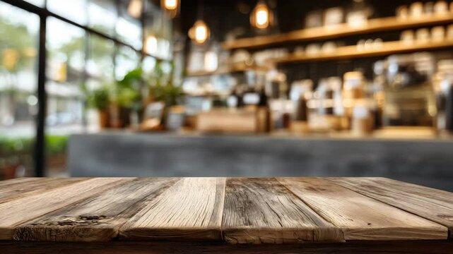 Empty wooden table top with a blurred coffee shop interior background