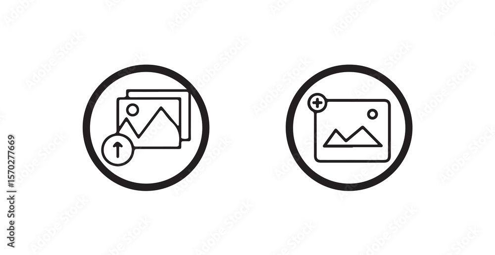 Poster add image icon in circle style, outline design, photo upload icon with plus sign, line art circle, v