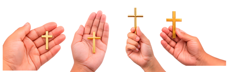 Hands holding golden crosses symbolizing faith and spiritual devotion on transparent background, PNG	