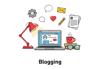 Cartoon Laptop with Blogging Interface Red Lamp and Cute Accessories.