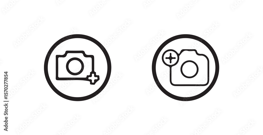 Poster add image icon in circle style, outline design, photo upload icon with plus sign, line art circle, v