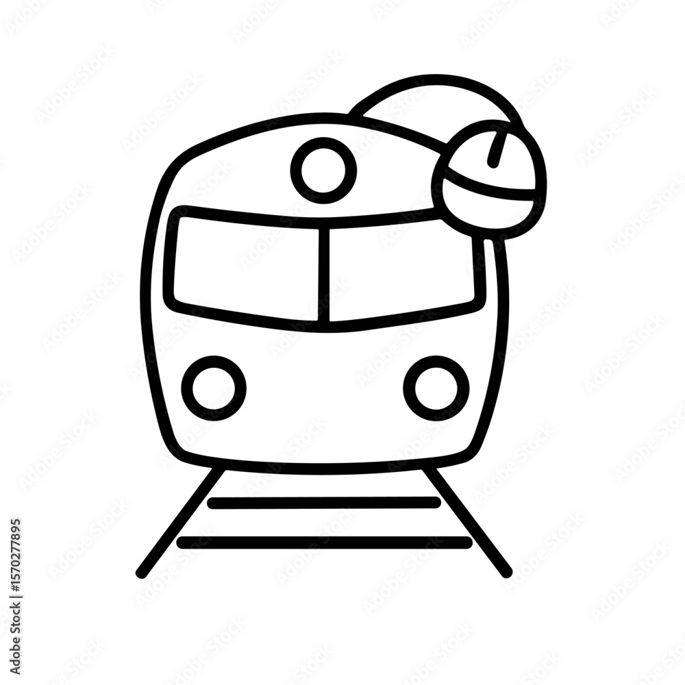 Poster simple black line drawing of a train on tracks with a round object on the top.