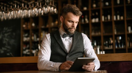 A man in a formal suit at a bar using a digital tablet.