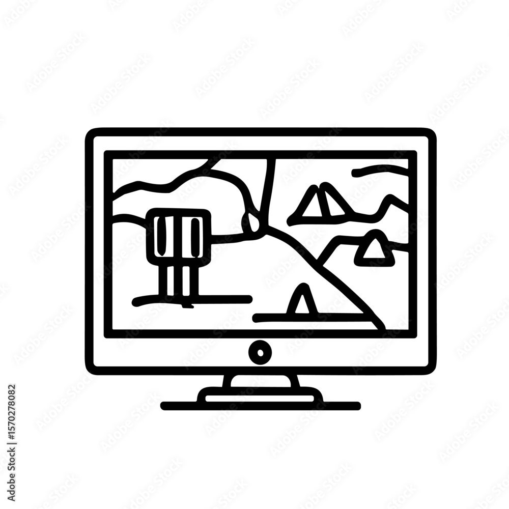 Fototapete line art illustration of a computer monitor displaying a landscape with mountains and a structure.