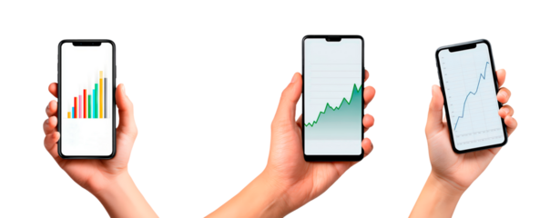 Analyzing growth trends on mobile devices for financial insights and data visualization on transparent background, PNG	