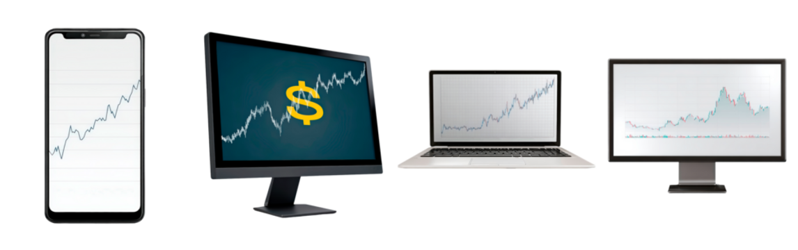 Financial growth and digital trading on various device screens on transparent background, PNG - Powered by Adobe