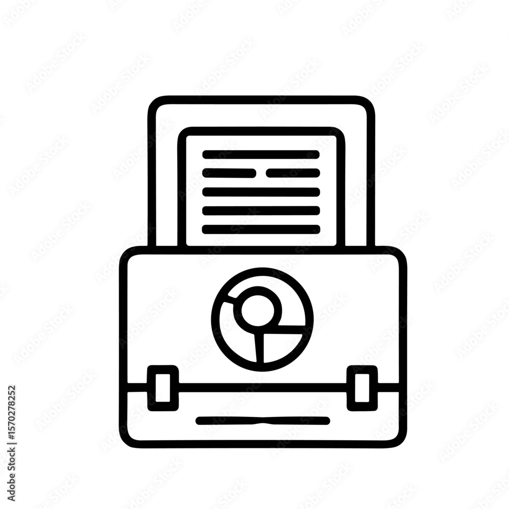 Poster a simple black and white line drawing of a briefcase containing documents and a circular graphic.