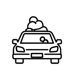 Obraz premium Car with luggage on top, driven by a person, depicted in a simple, bold line art style.
